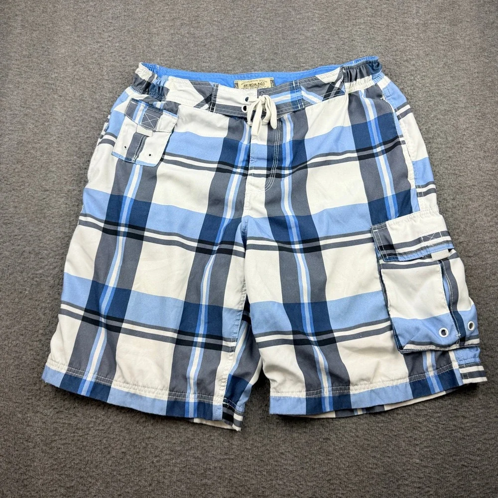 American Rag Men's L Large Blue‎ Plaid Cargo Board Shorts Swim Trunks